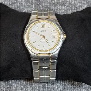 Seiko Perpetual Calendar Stainless Steel 18K Gold Mens Watch 8F32-970J